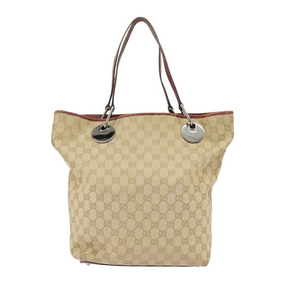 GUCCI GG Canvas Tote Bag Beige Silver Red - Picture 3 of 16